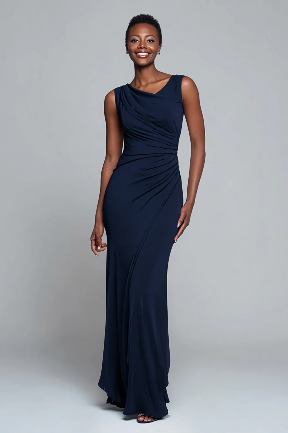 Simple Navy V-Neck Ruched Mermaid Long Formal Dress - VNBITS
