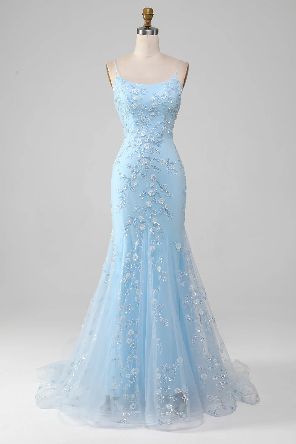 Sparkly Light Blue Beaded Mermaid Long Prom Dress - VNBITS