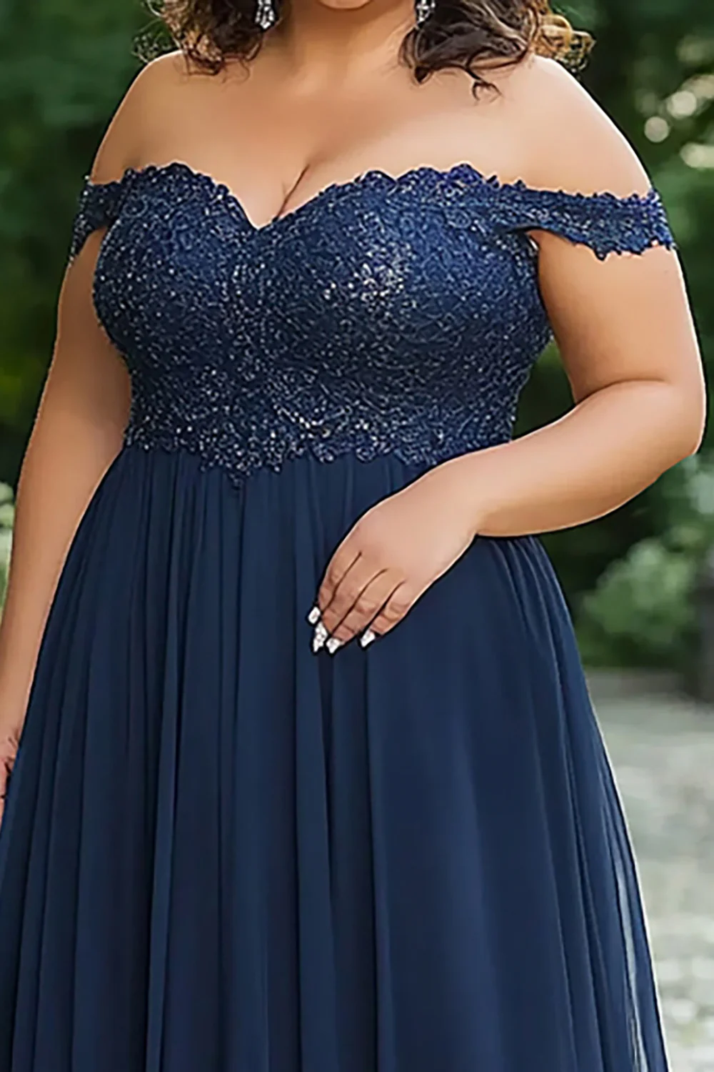 Elegant Navy Off the Shoulder A-Line Chiffon Long Mother of the Bride Dress with Lace - VNBITS