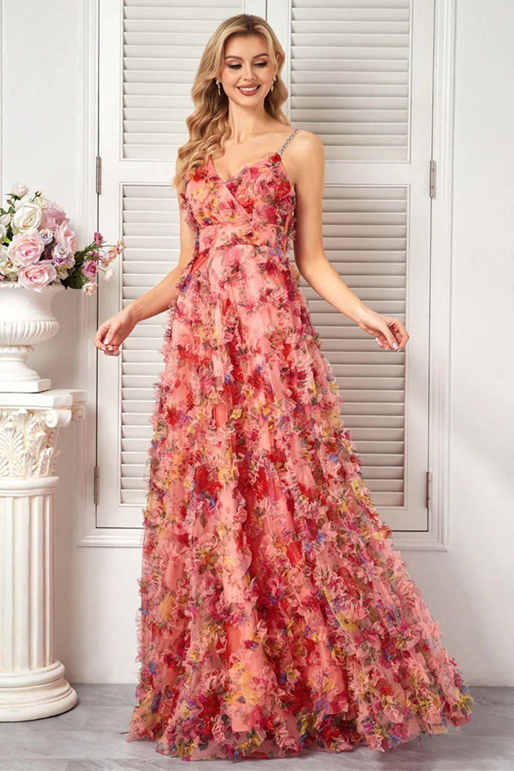 Floral Blush A Line Spaghetti Straps Long Prom Dress with Ruffles - VNBITS