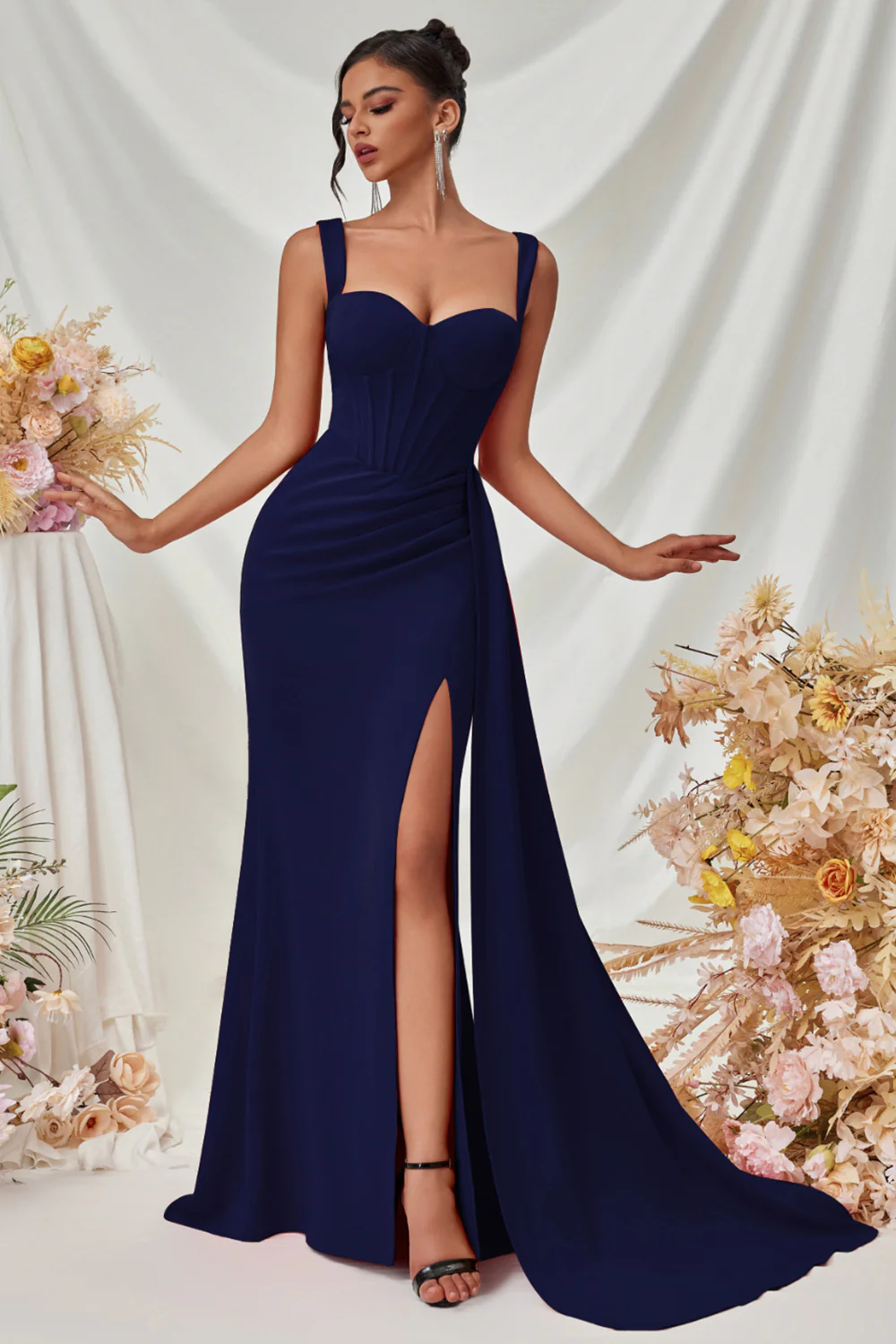 Simple Black Mermaid Long Prom Dress with Side Cape - VNBITS