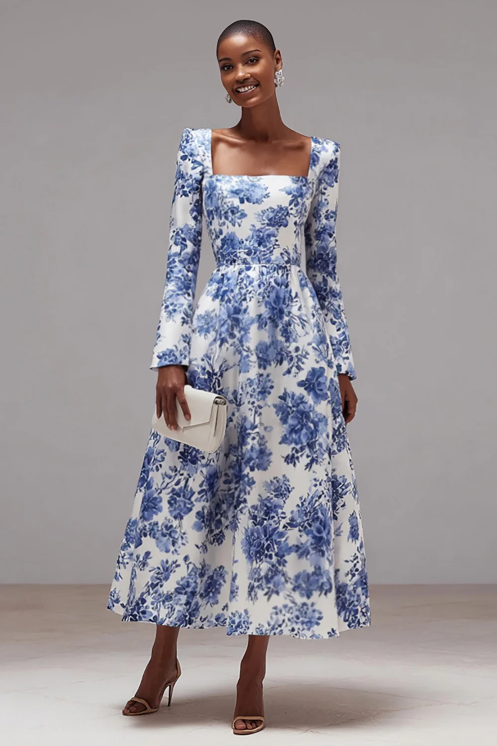 Blue and White Floral Square Neck A-Line Wedding Guest Dress with Sleeves - VNBITS