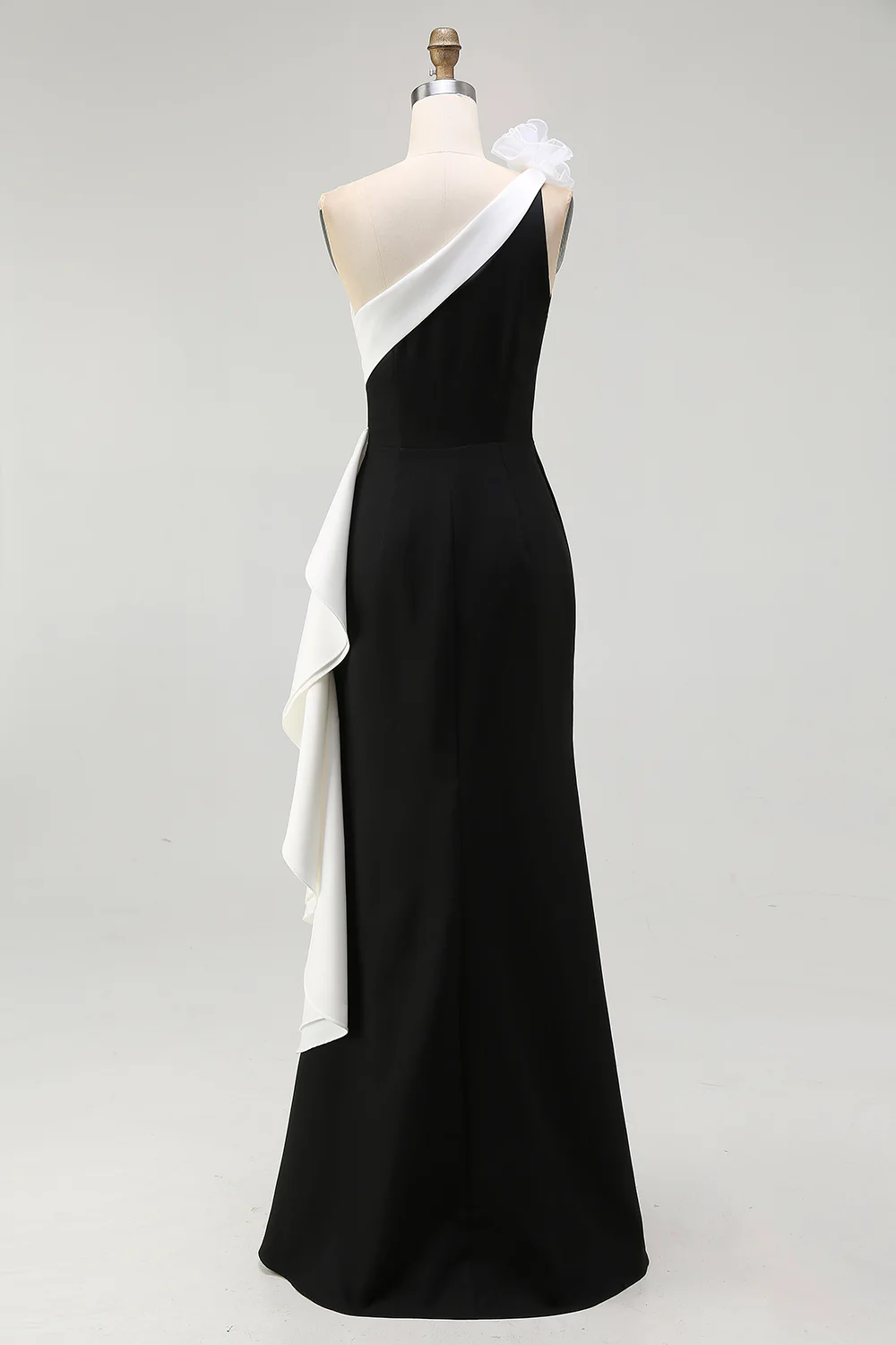 Black White One Shoulder Long Black Tie Dress with 3D Flowers - VNBITS