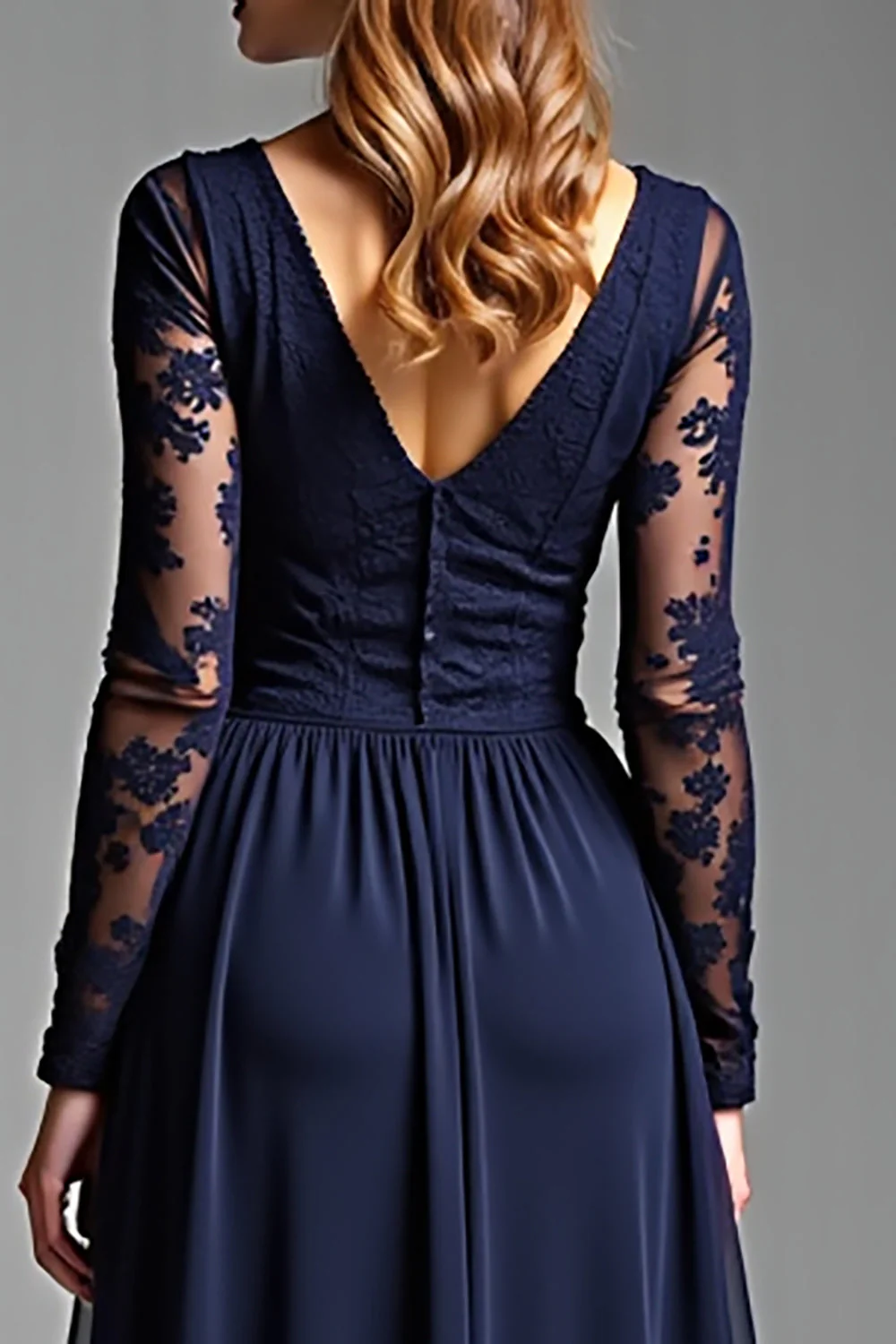 A Line Navy Chiffon Long Formal Dress with Sleeves - VNBITS