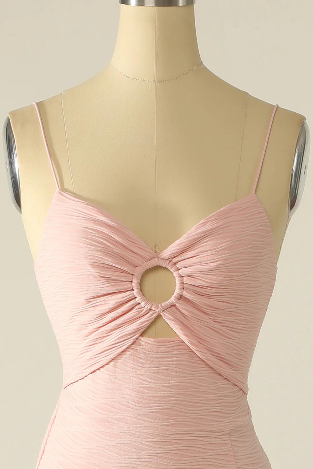 Pink Spaghetti Straps Cut Out Wedding Guest Dress With Bow - VNBITS