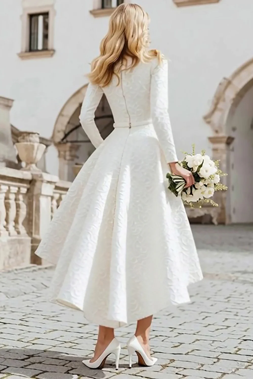 Ivory A Line Boat Neck High-Low Engagement Dress with Pockets - VNBITS