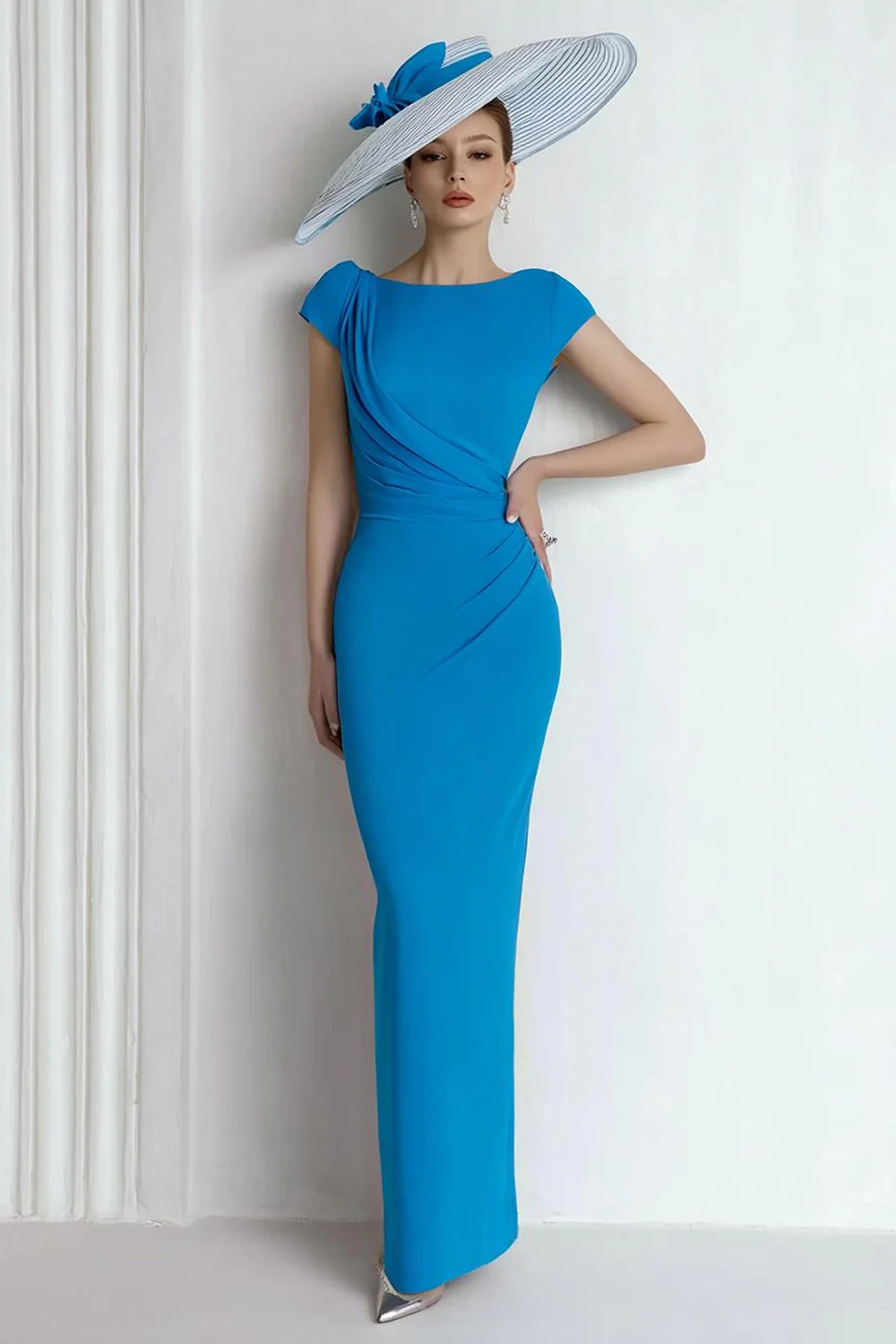 Blue Boat Neck Long Mother of the Bride Dress with Sleeves - VNBITS