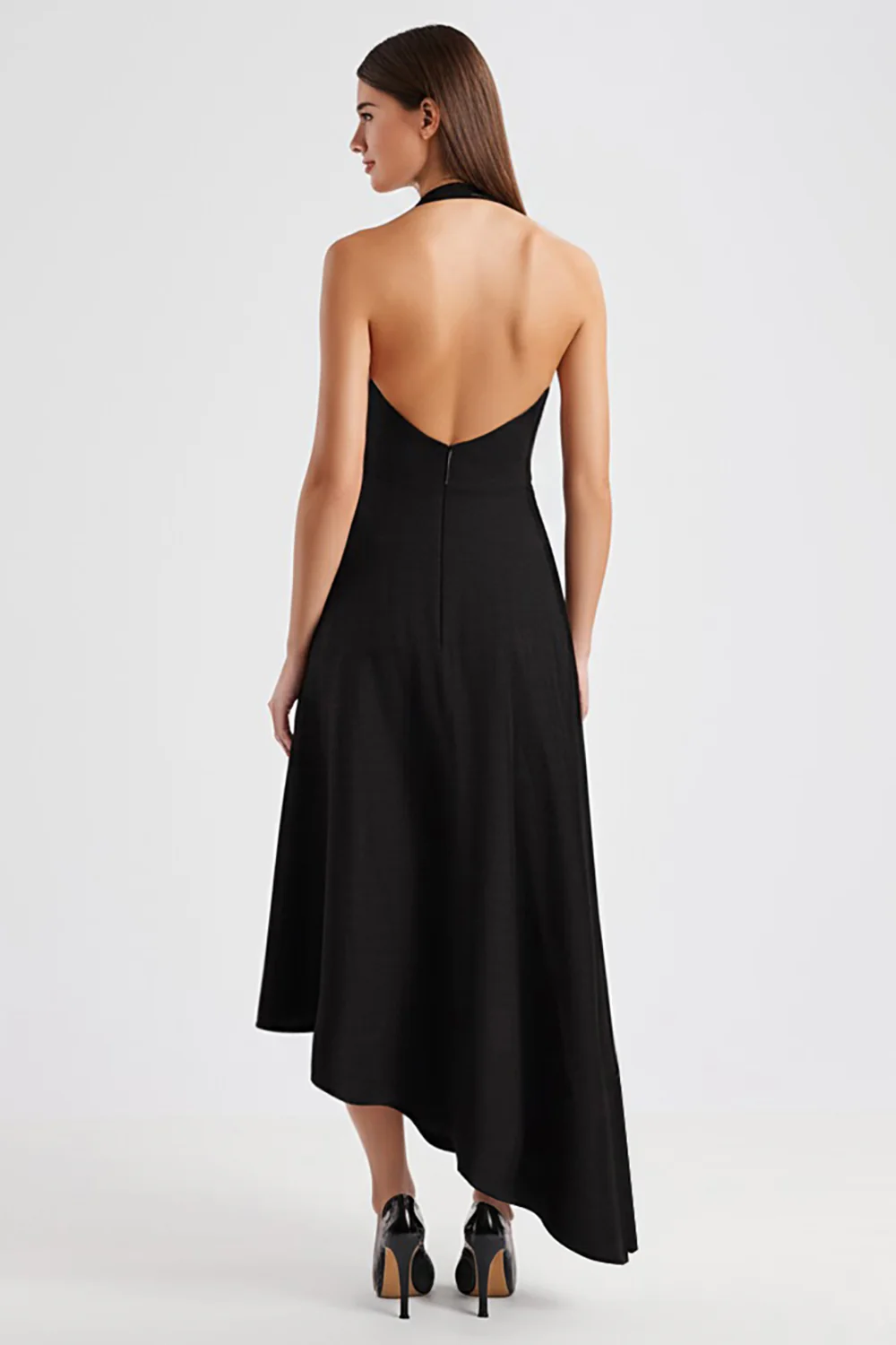 Satin Asymmetrical Halter Backless Long Black Tie Dress - VNBITS