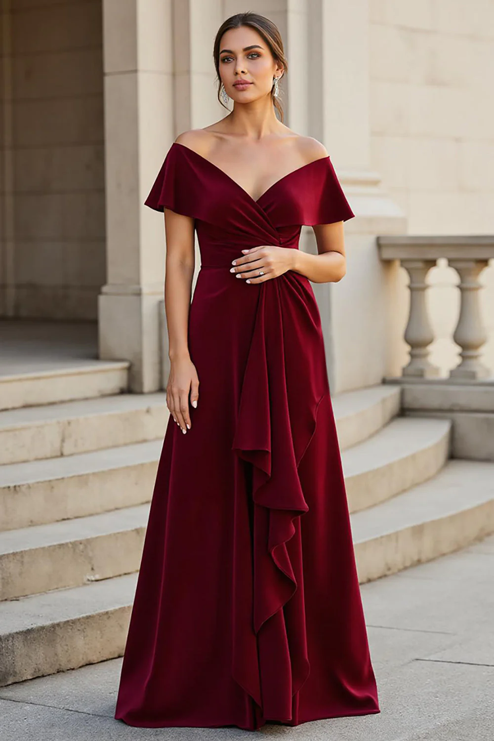Burgundy A Line V-Neck Satin Long Mother of the Bride Dress with Ruffles - VNBITS