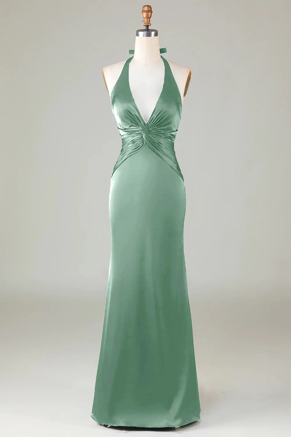 Mermaid Halter Dark Green Long Satin Bridesmaid Dress - VNBITS