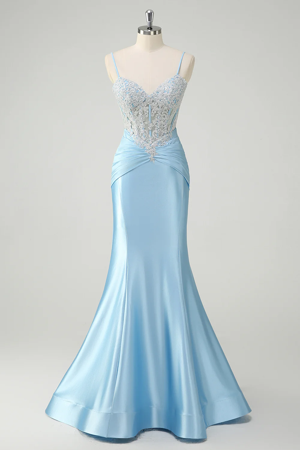 Blue Floral Mermaid Spaghetti Straps Long Prom Dress - VNBITS