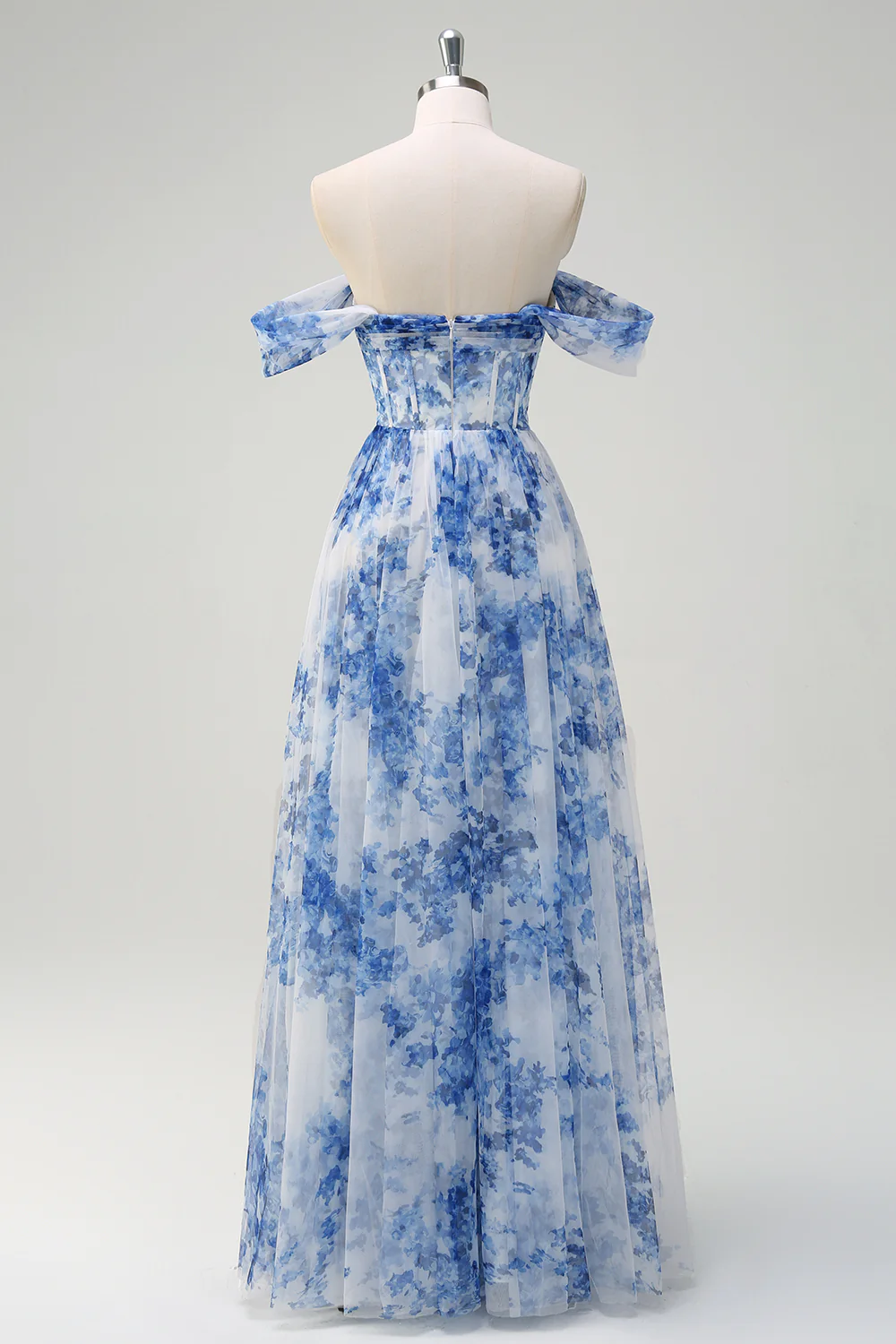 White Blue Flower Off The Shoulder Corset Long Bridesmaid Dress with Slit - VNBITS