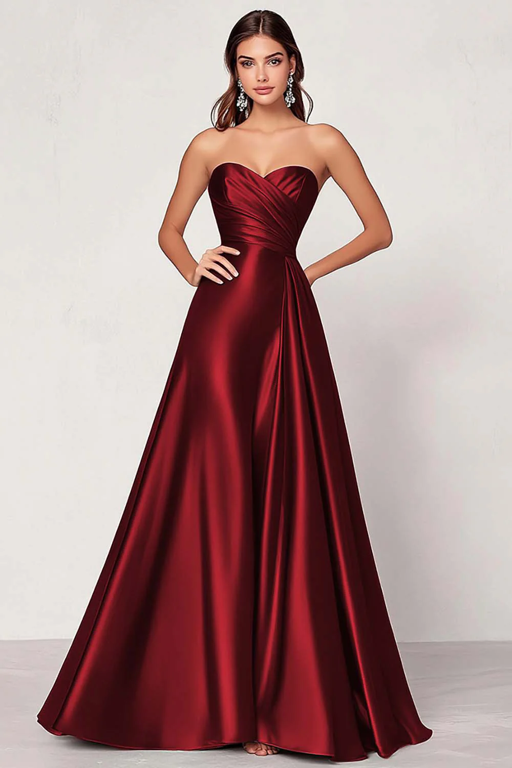 Dusty Blue Satin A Line Sweetheart Long Ruched Prom Dress - VNBITS