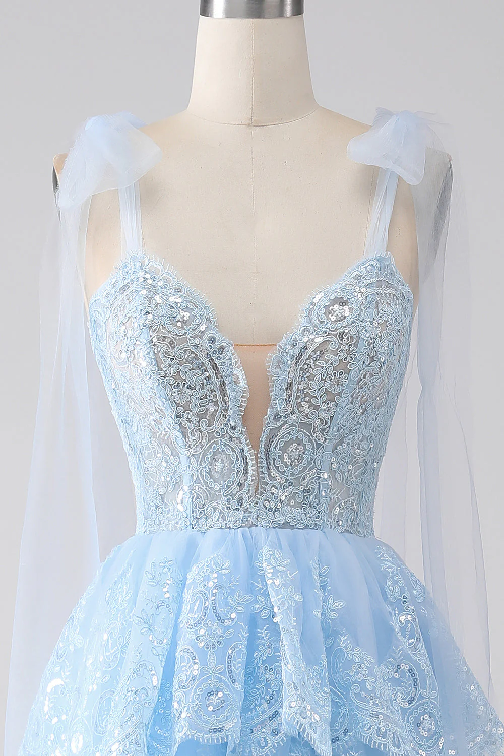 Light Blue Sweetheart Bow Tie Straps Tiered Tulle Sequin Prom Dress with Appliques - VNBITS