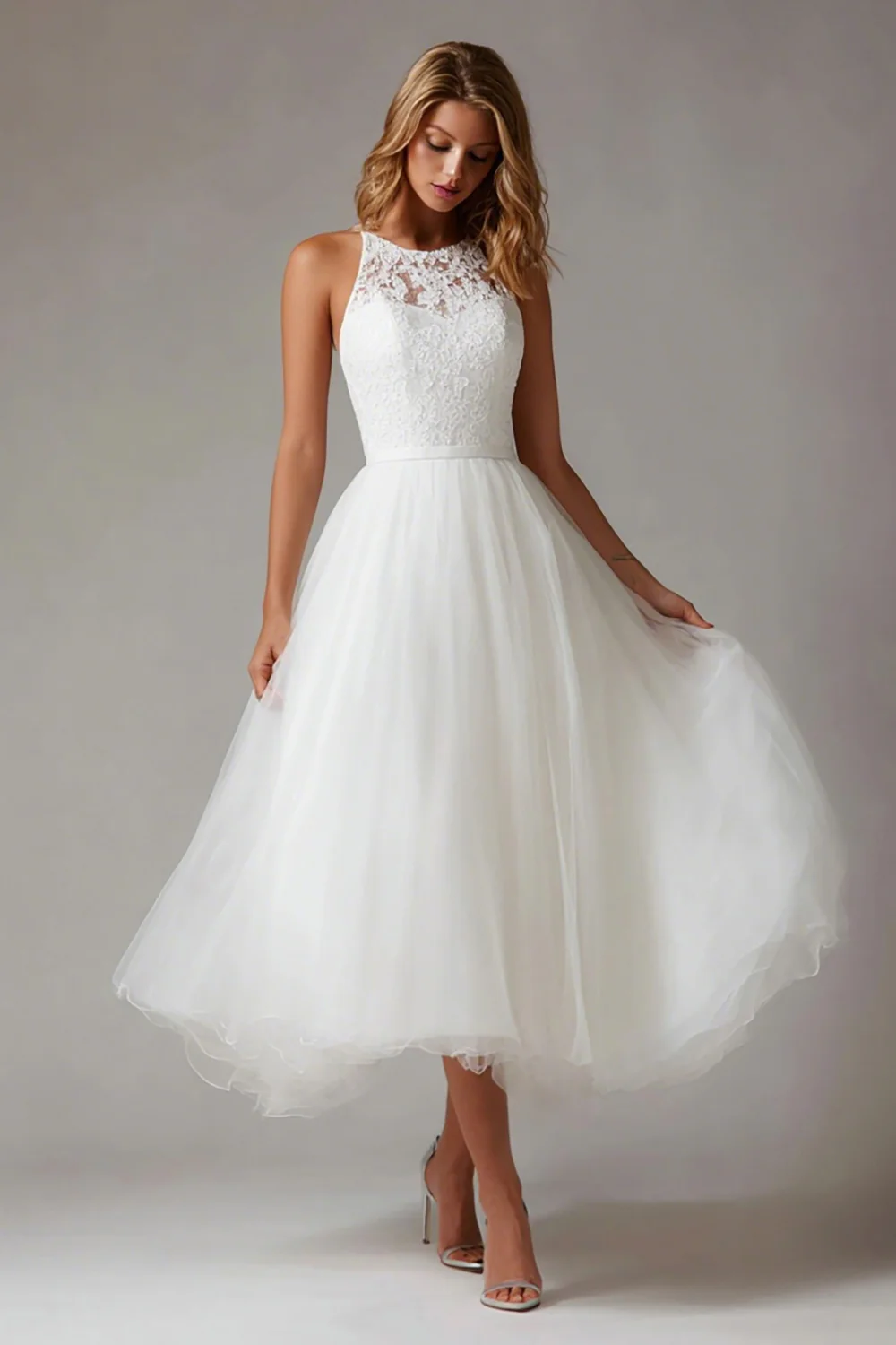 White A Line Tulle Midi Engagement Dress with Lace - VNBITS