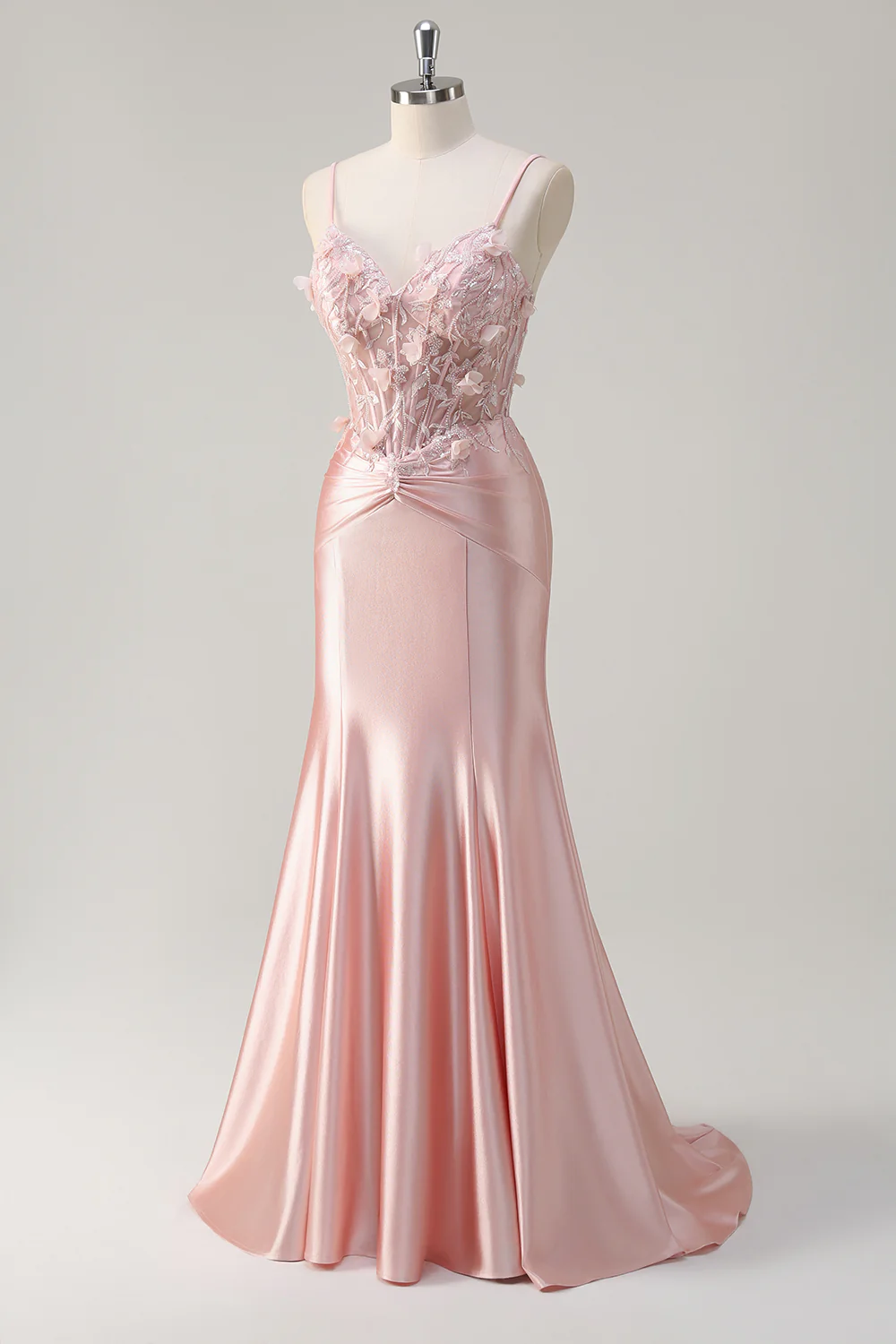 Pink Floral Mermaid Spaghetti Straps Beaded Long Prom Dress - VNBITS