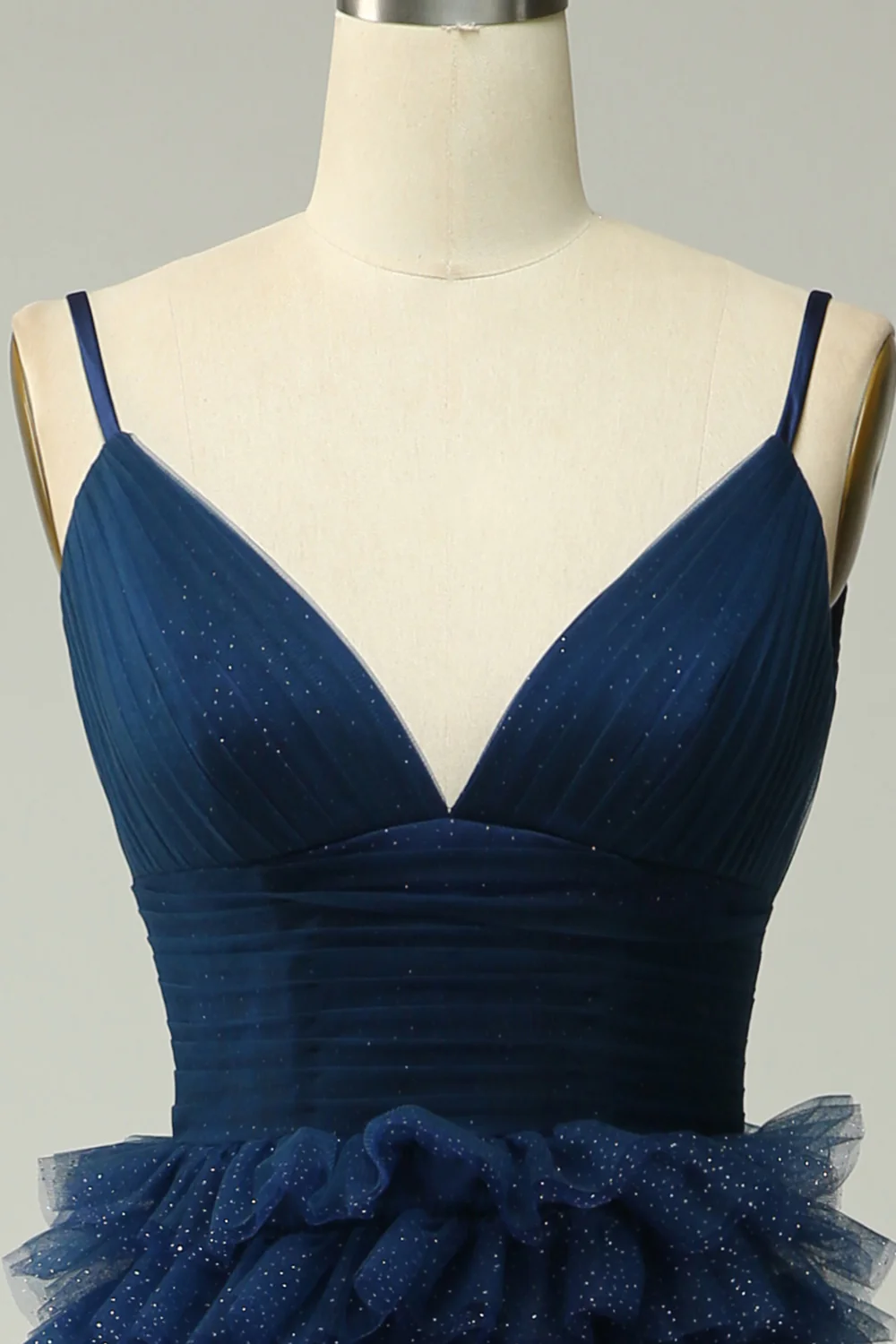 A Line Spaghetti Straps Navy Tiered Prom Dress - VNBITS