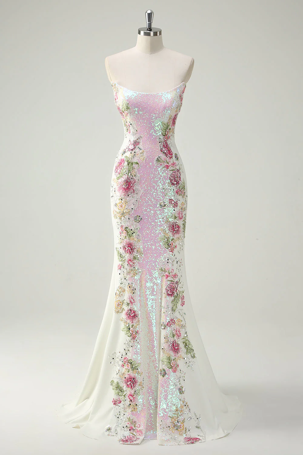 Sparkly White Floral Strapless Mermaid Long Prom Dress - VNBITS