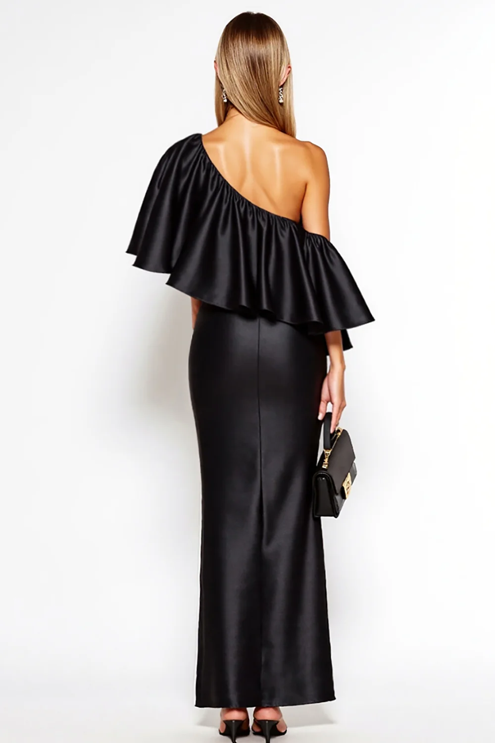 Black Sheath One Shoulder Satin Long Black Tie Dress with Ruffles - VNBITS