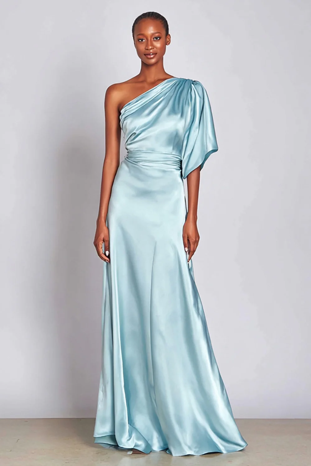 Light Blue One Shoulder Satin Mermaid Long Formal Dress with Sleeves - VNBITS