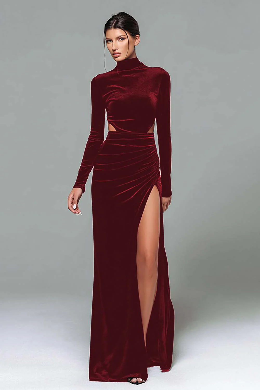 Black Velvet High Neck Sheath Long Sleeves Holiday Party Dress with Slit - VNBITS