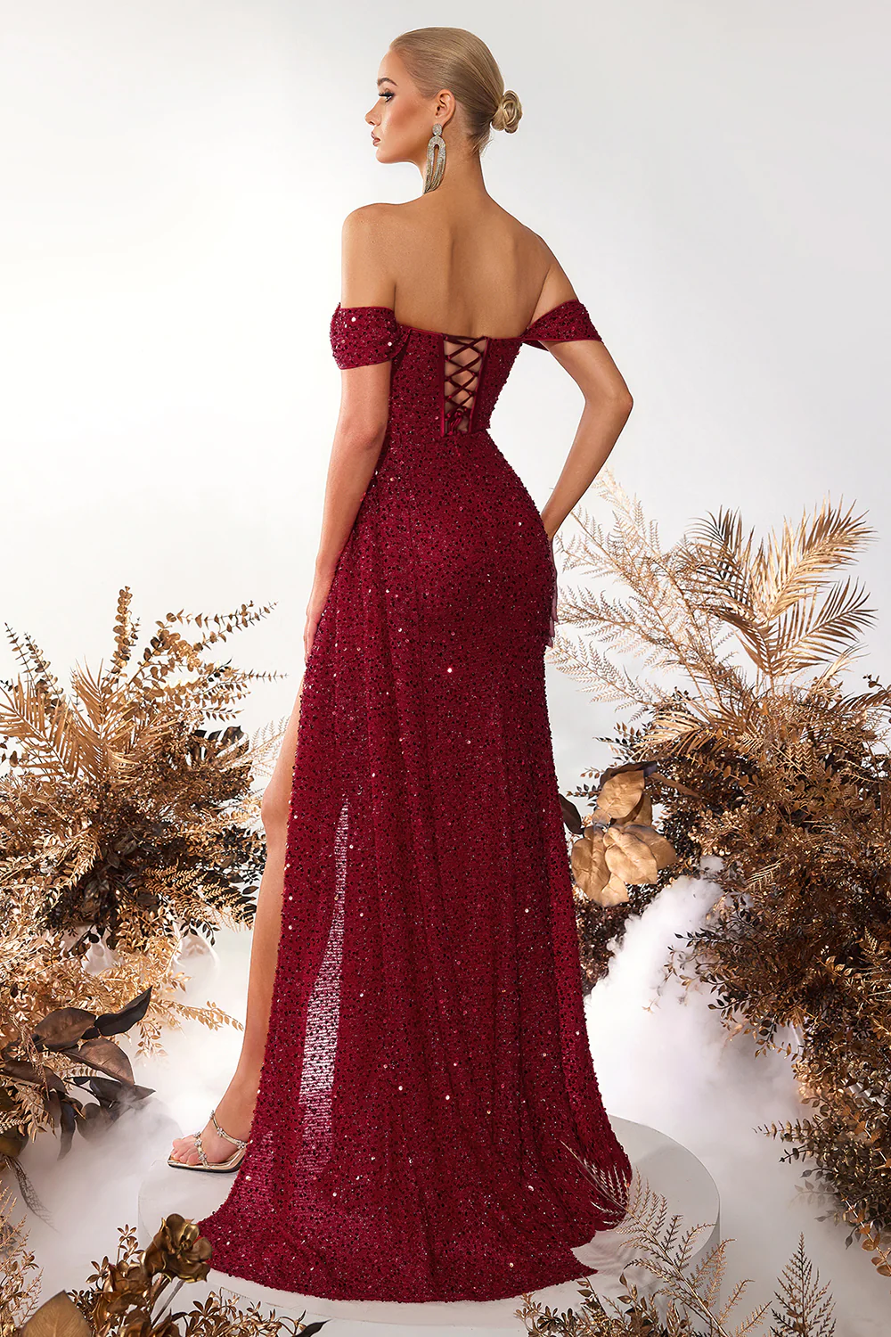 Sparkly Burgundy Corset Sequin Off the Shoulder Long Prom Dress with Slit - VNBITS