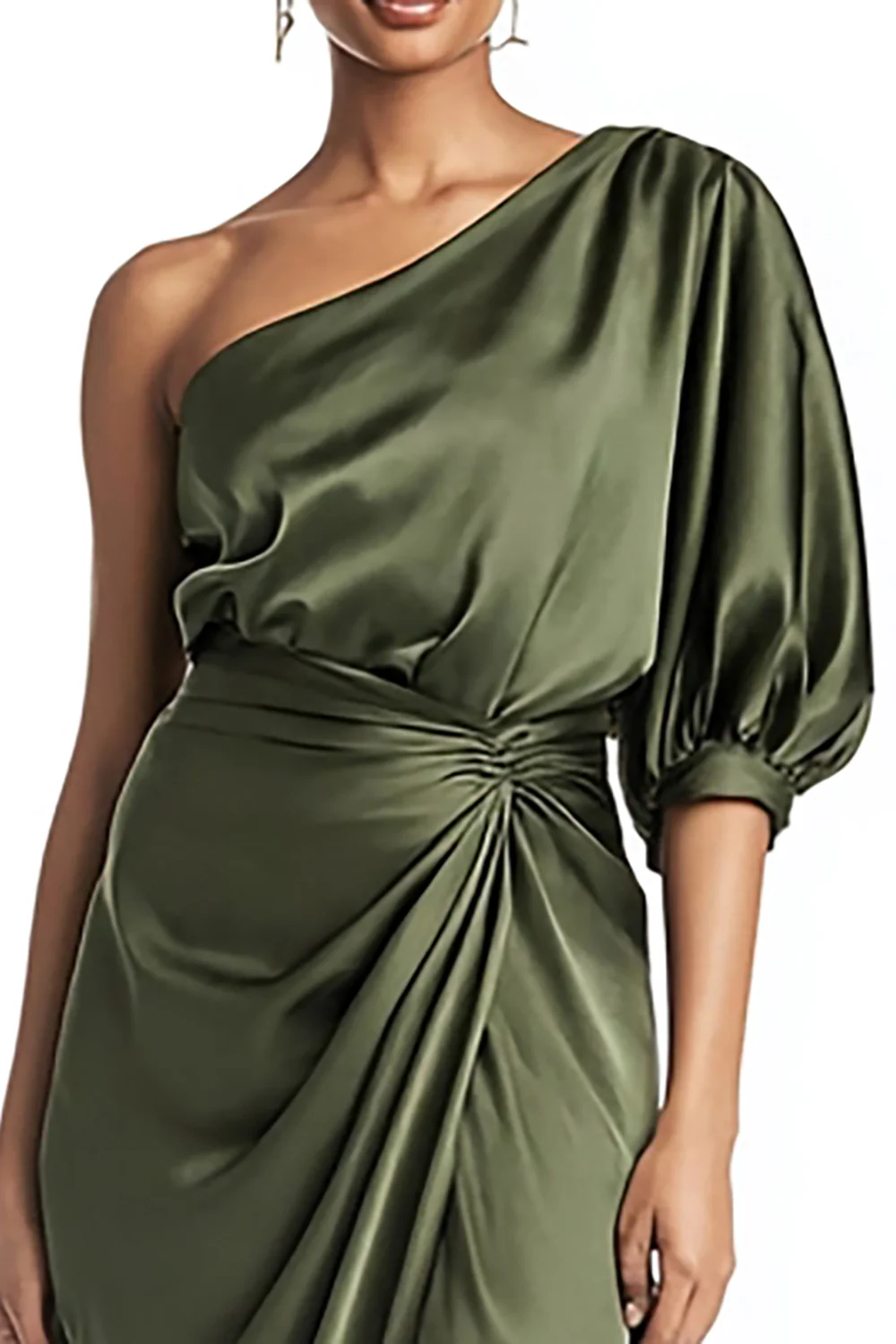 Olive One Shoulder Satin Mermaid Tea Length Formal Dress with Sleeves - VNBITS
