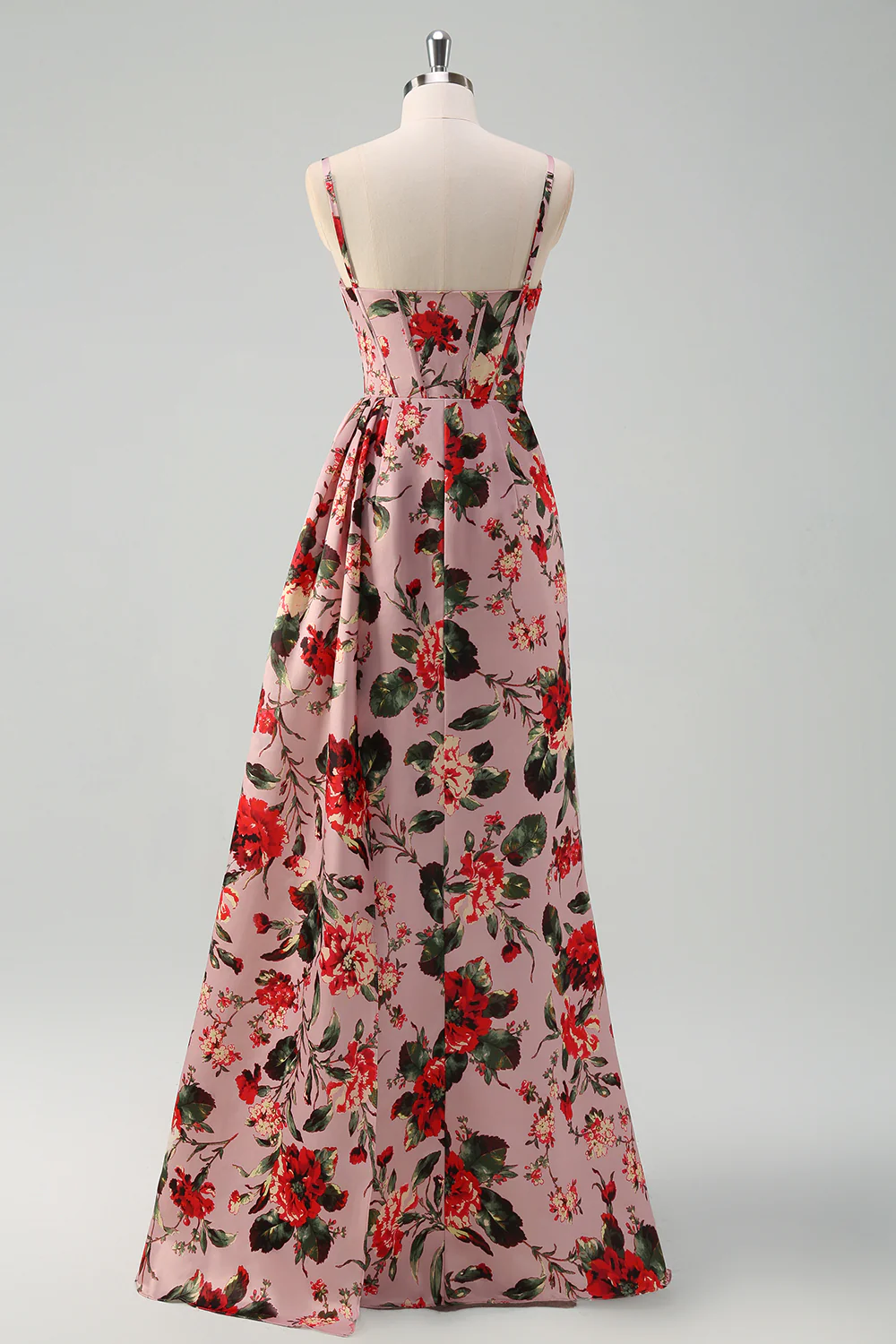 Pink Red Floral Spaghetti Straps Prom Dress with Slit - VNBITS