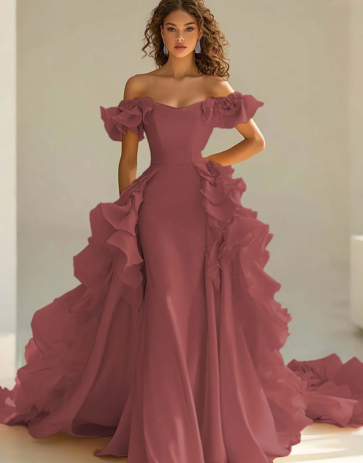 Yellow Satin Long Off the Shoulder Prom Dress with Ruffles - VNBITS