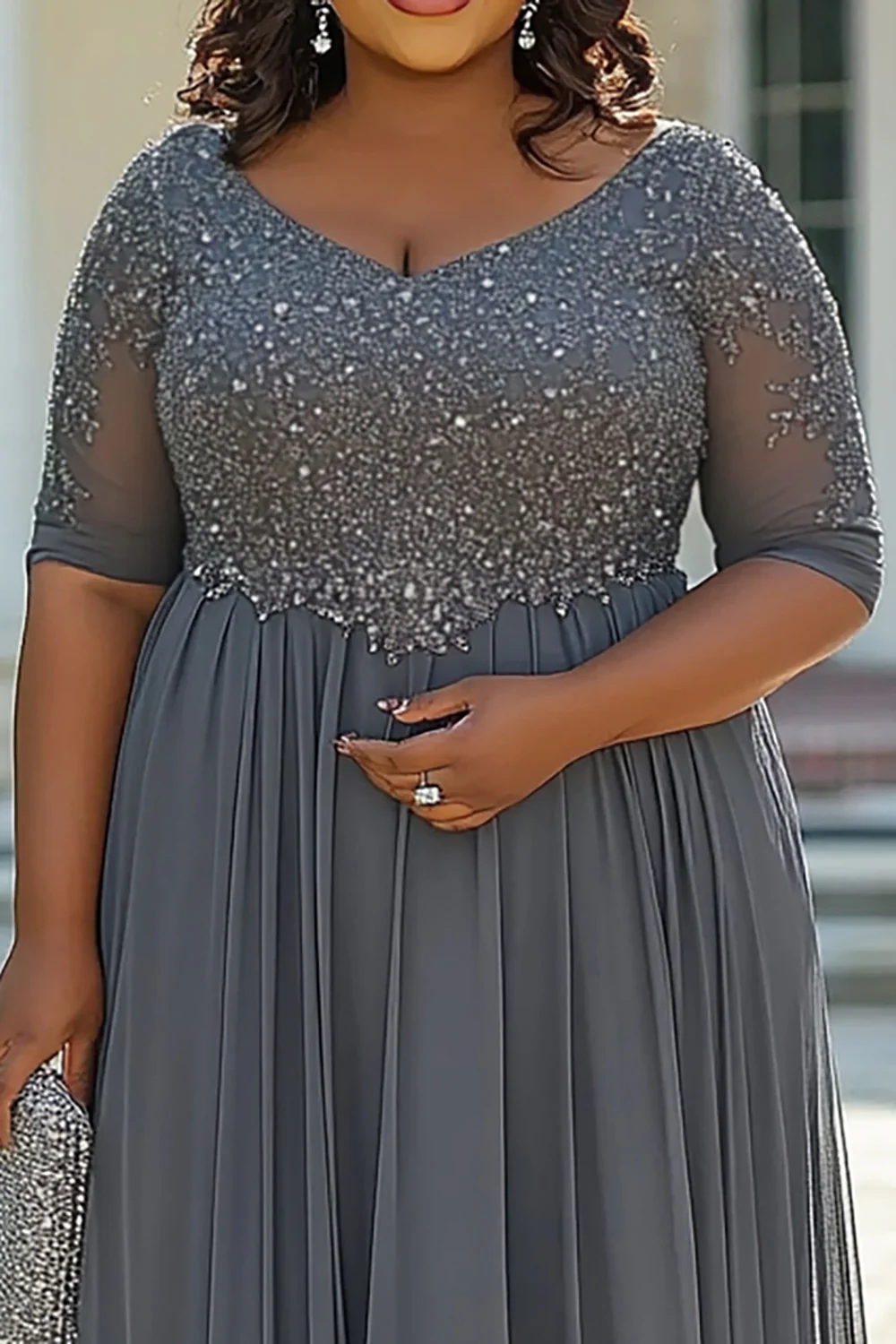 Grey A Line Appliqued Plus Size Long Mother of the Bride Dress - VNBITS