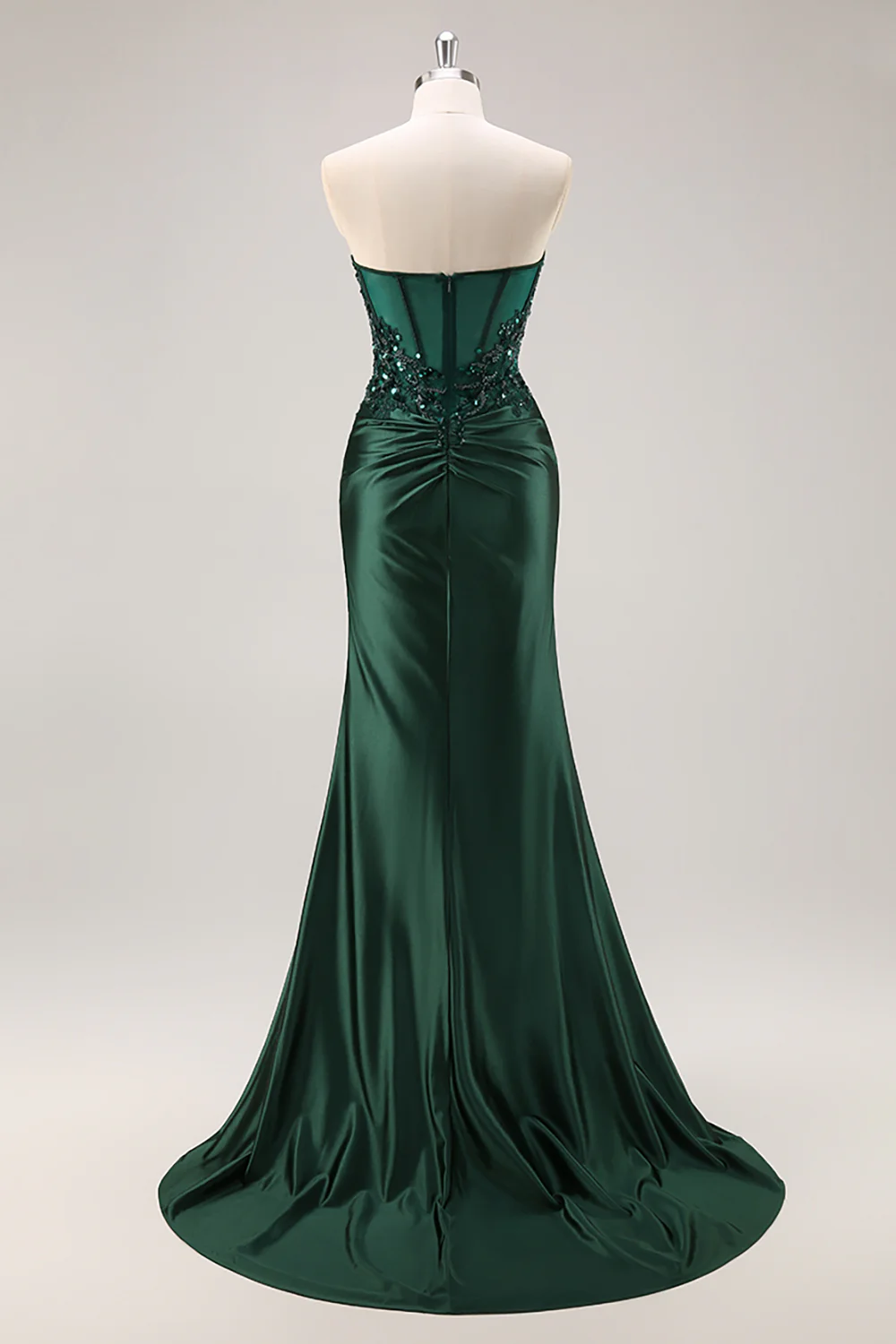 Sparkly Dark Green Corset Satin Mermaid Long Prom Dress with Slit - VNBITS