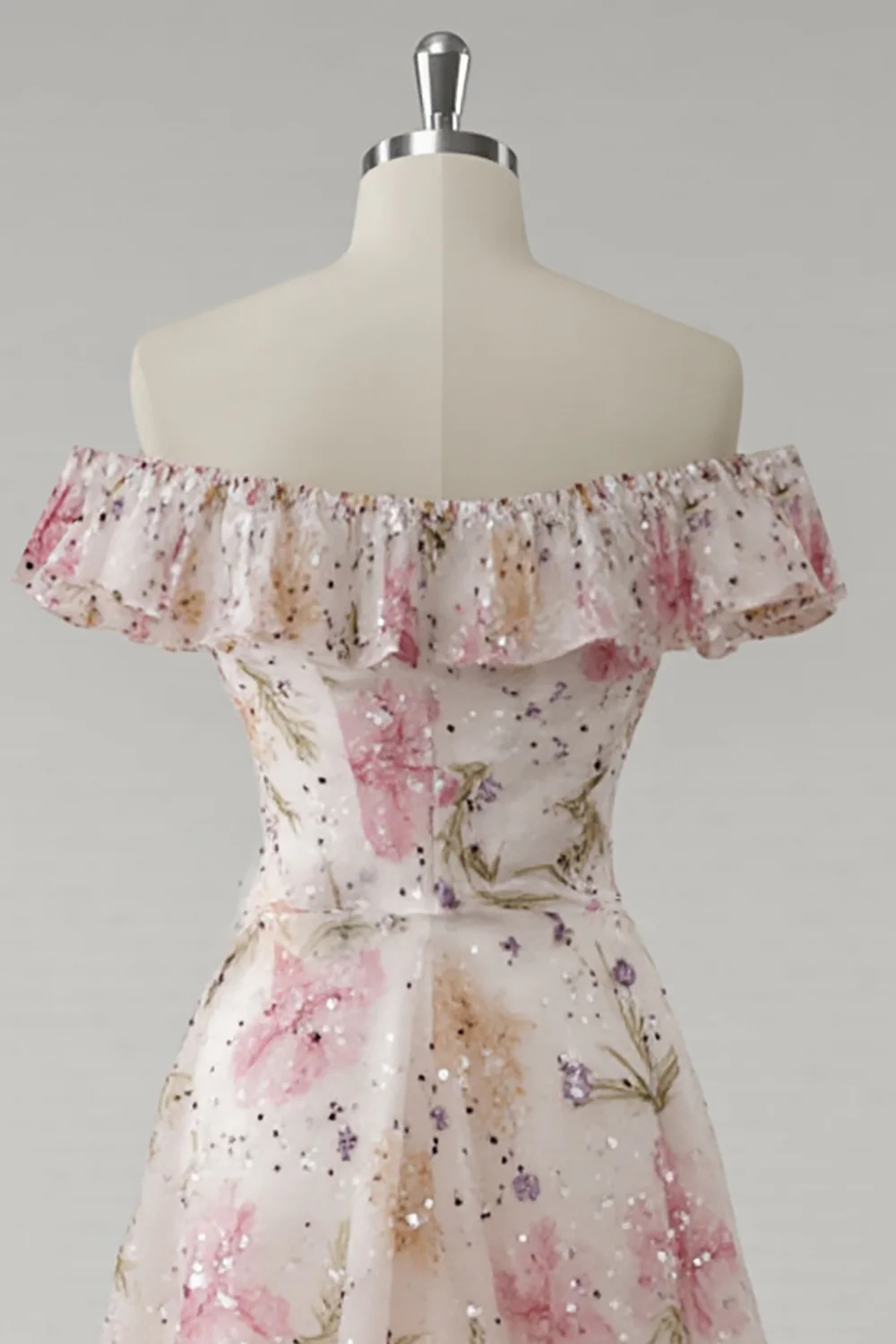 Sparkly Pink Off the Shoulder Floral A Line Long Prom Dress with Ruffles - VNBITS