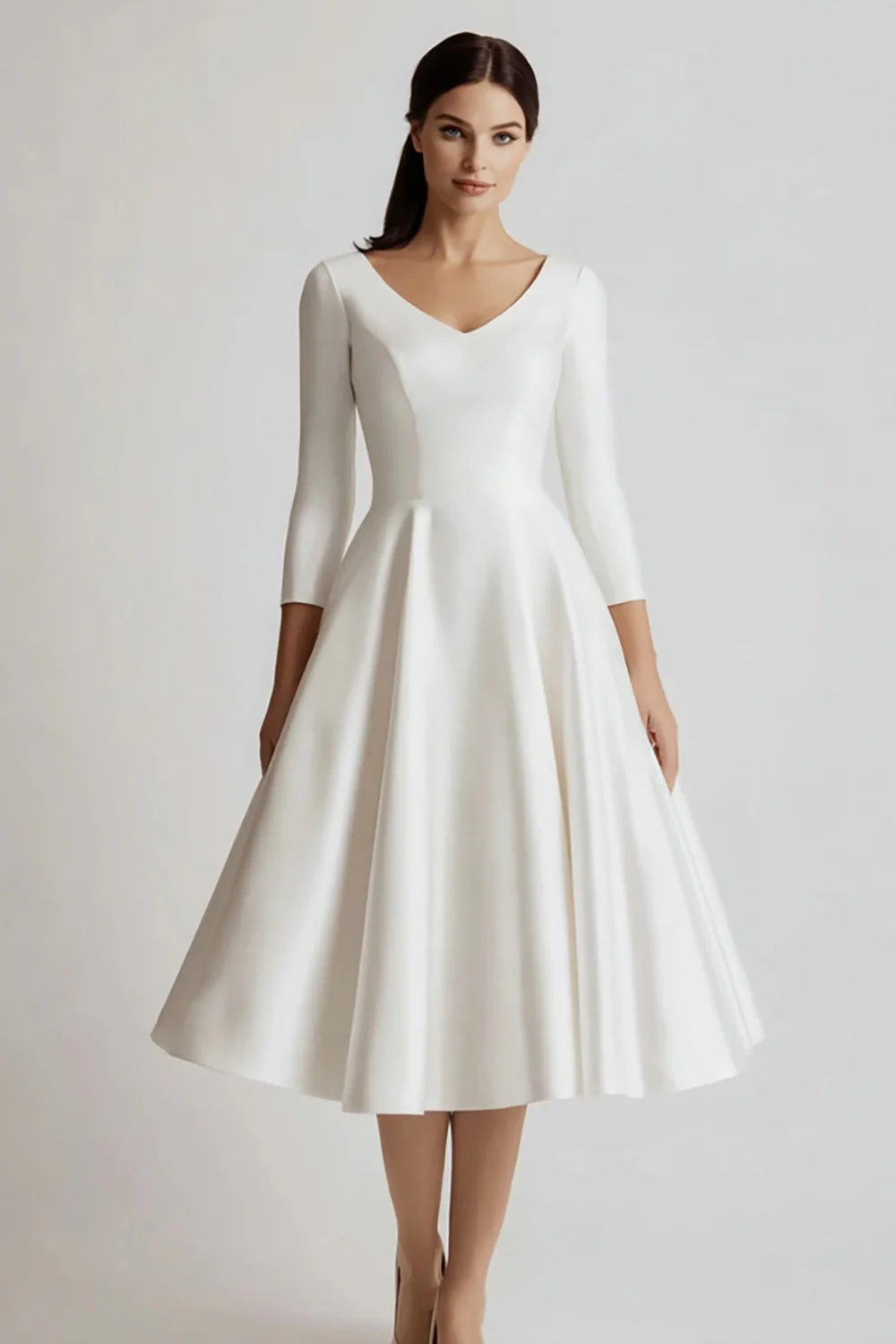 White V-Neck Satin A Line Midi Engagement Dress with Sleeves - VNBITS