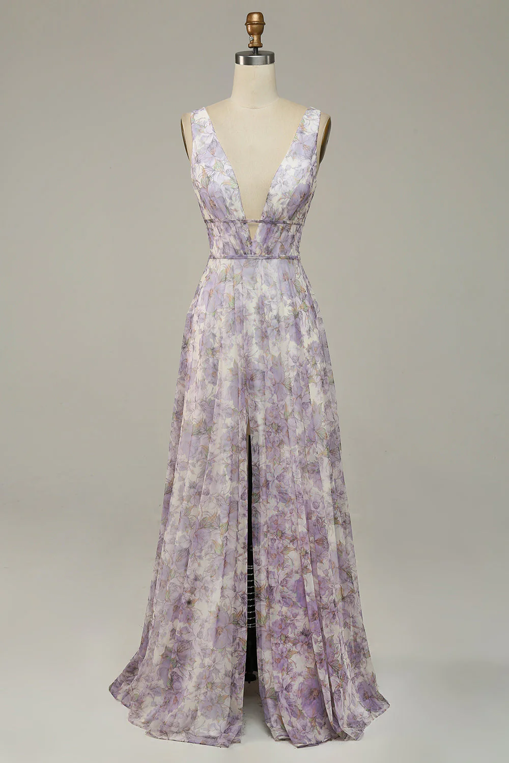 Iovry Purple Printed V-Neck Prom Dress With Slit - VNBITS