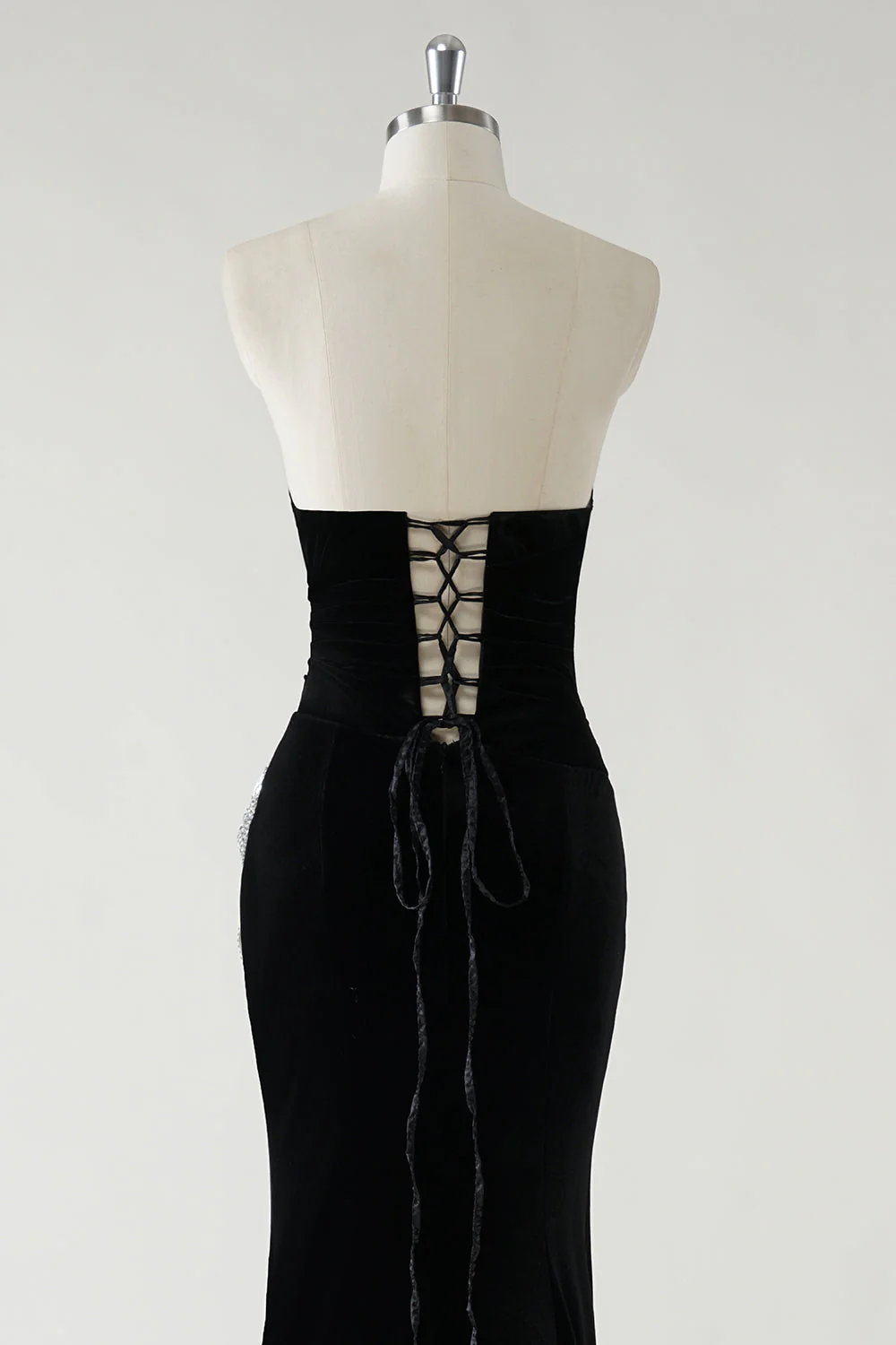 Black Strapless Velvet Sparkly Bows Long Formal Dress With High Slit (Not Gloves) - VNBITS