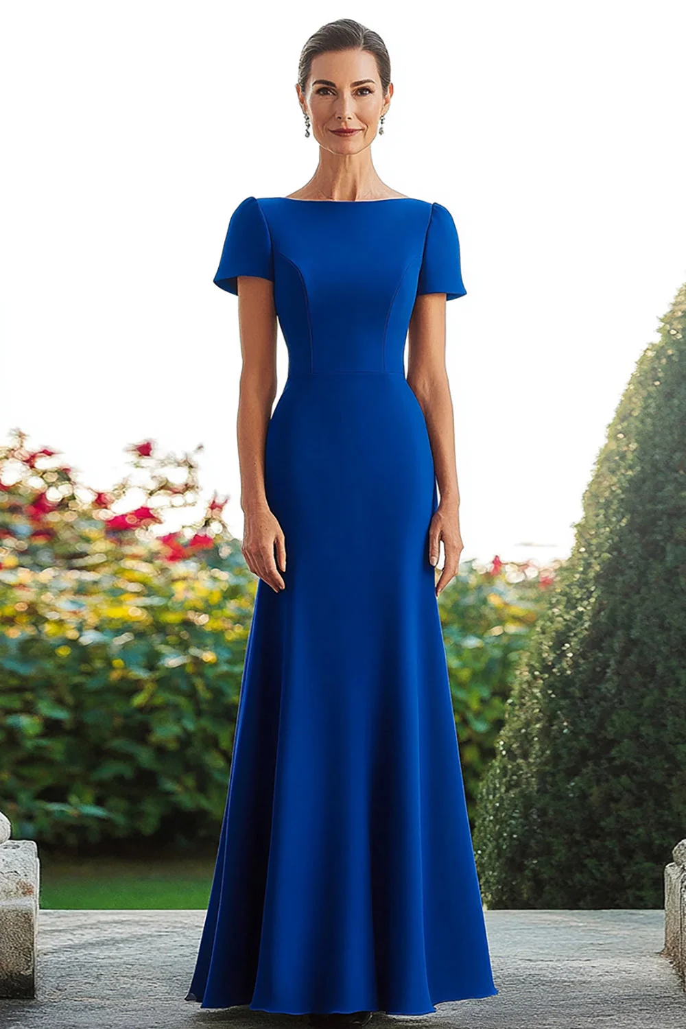 Satin Royal Blue Sheath Long Mother of the Bride Dress with Short Sleeves - VNBITS