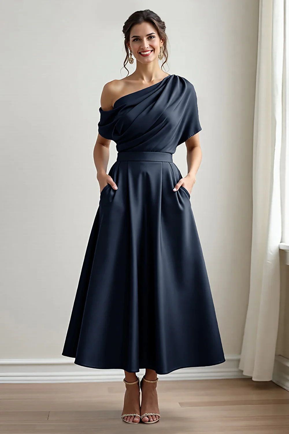 Black A Line Long Satin Mother of the Bride Dress with Pockets - VNBITS