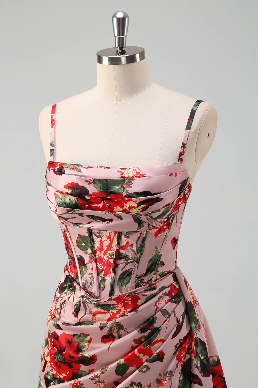 Pink Red Floral Spaghetti Straps Prom Dress with Slit - VNBITS