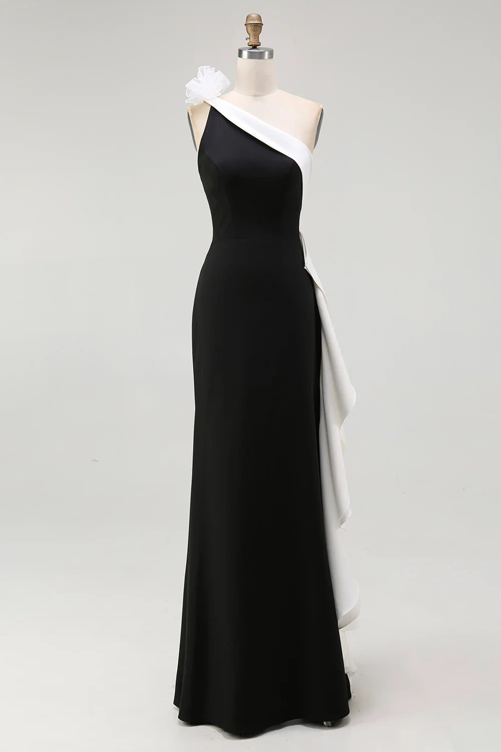 Black White One Shoulder Long Black Tie Dress with 3D Flowers - VNBITS