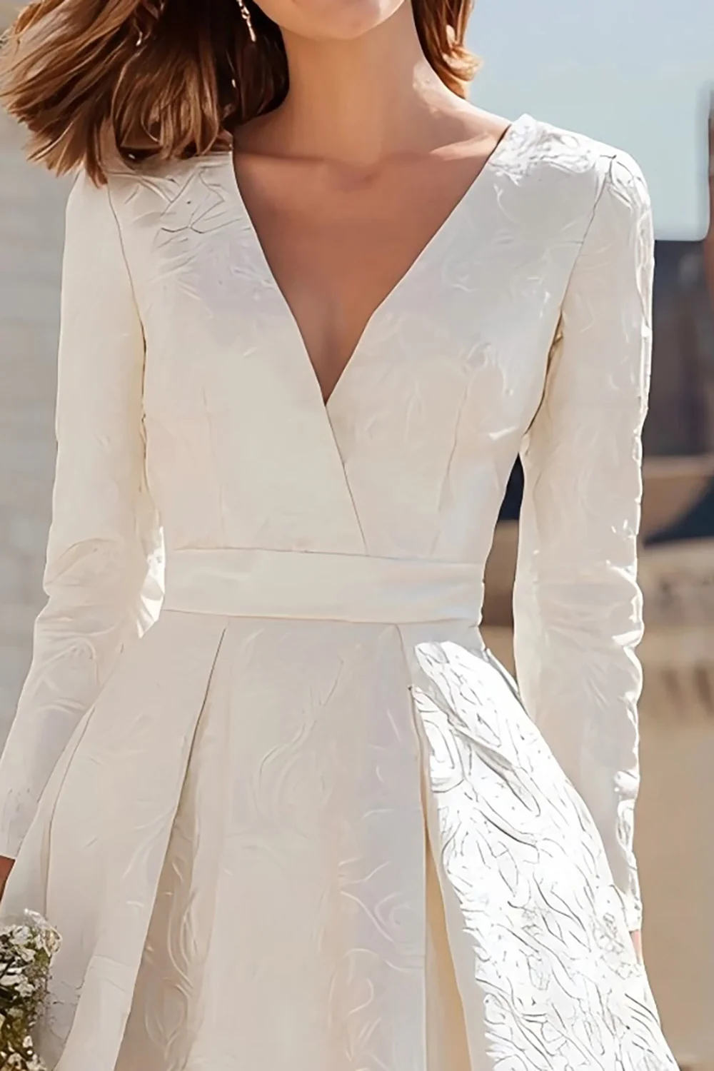 Simple Ivory A Line V-Neck Midi Engagement Dress with Sleeves - VNBITS
