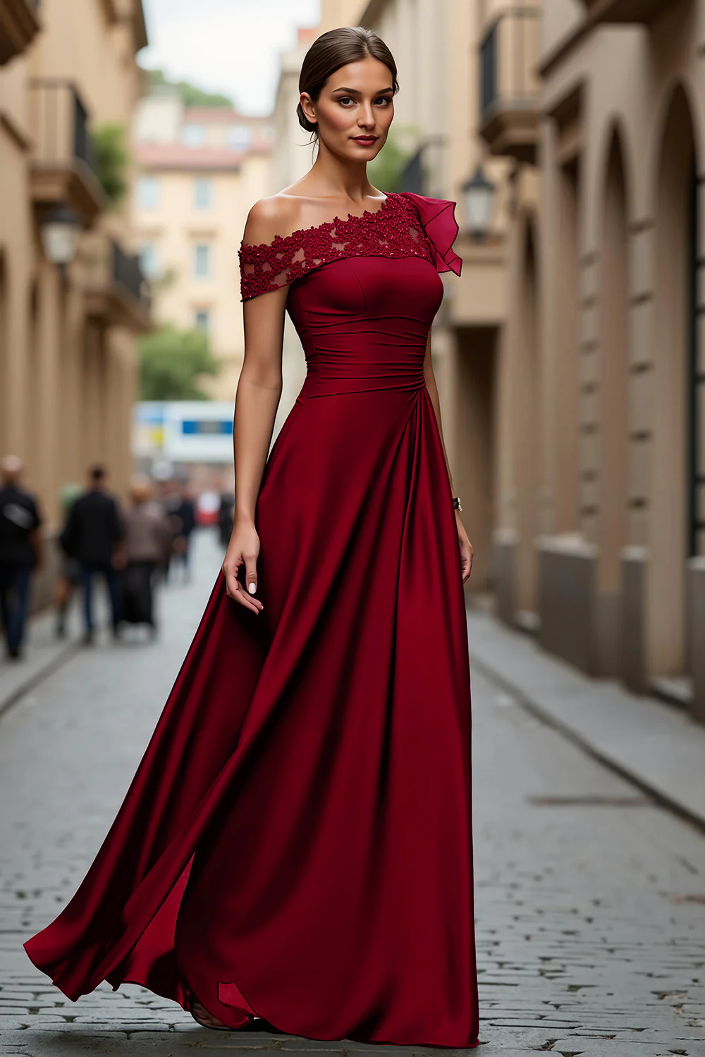 Black Chiffon Ruffled One Shoulder Long Mother of the Bride Dress with Lace - VNBITS