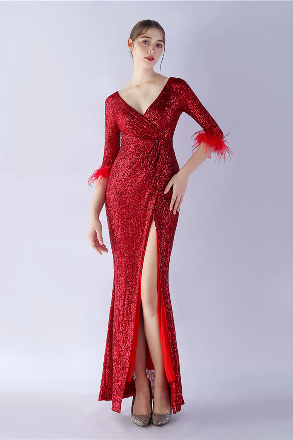 Navy Sequin V-neck Half Sleeves Sheath Formal Dress with Feather - VNBITS
