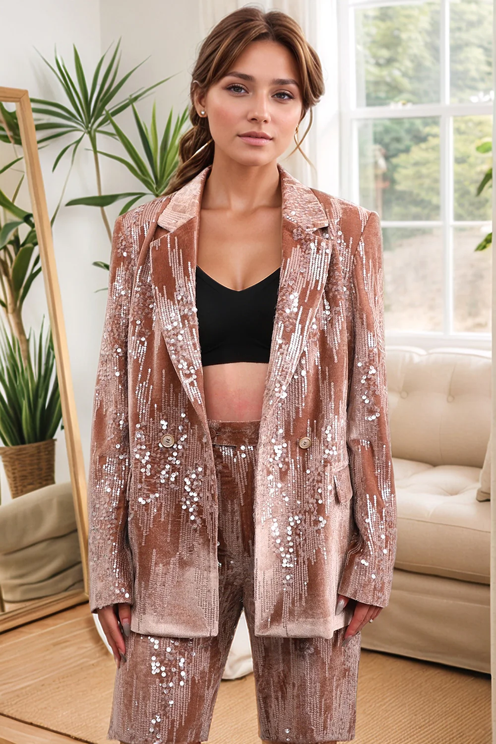 Sparkly Dusty Rose 2 Pieces Notched Lapel Women's Prom Suits with Feather - VNBITS