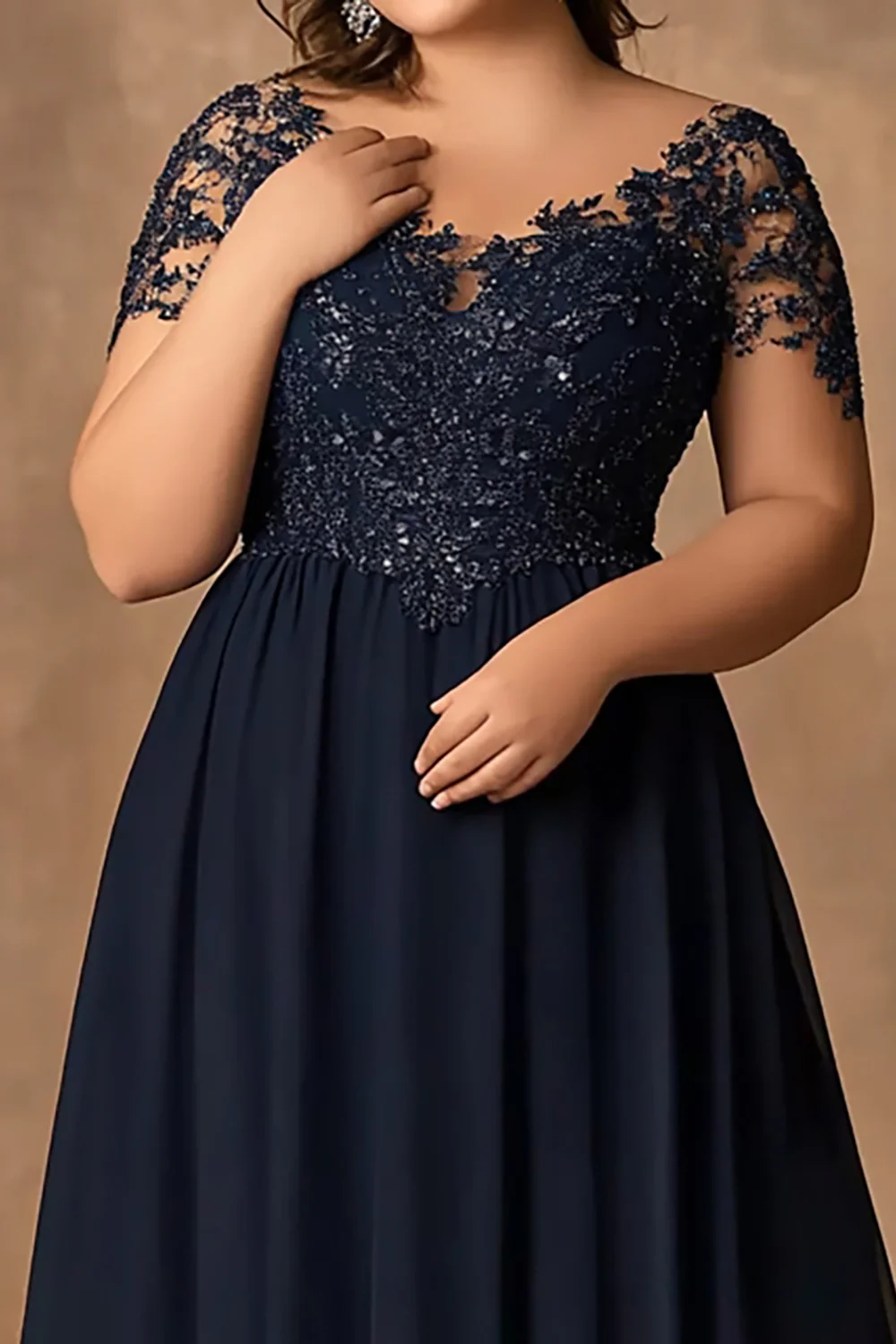Lace Navy A Line Plus Size Long Mother of the Bride Dress - VNBITS