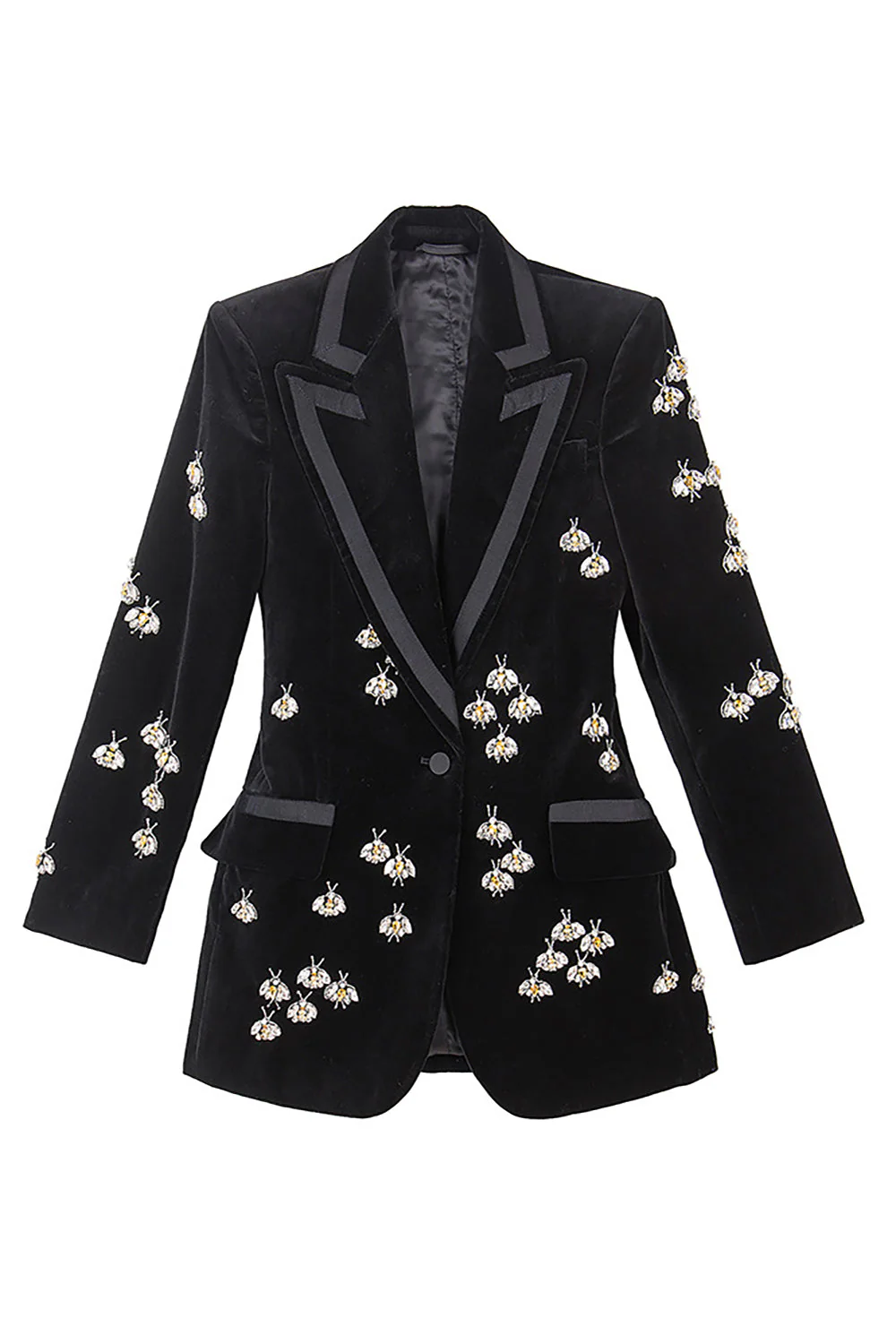 Sparkly Black Velvet Beaded Bees Women Blazer - VNBITS