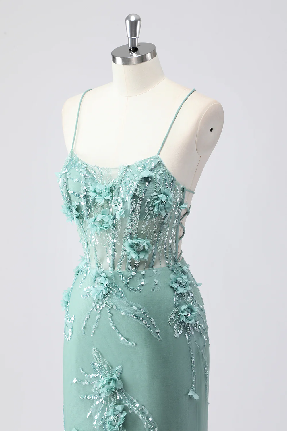 Sparkly Blue Mermaid Long Prom Dress with 3D Flowers - VNBITS