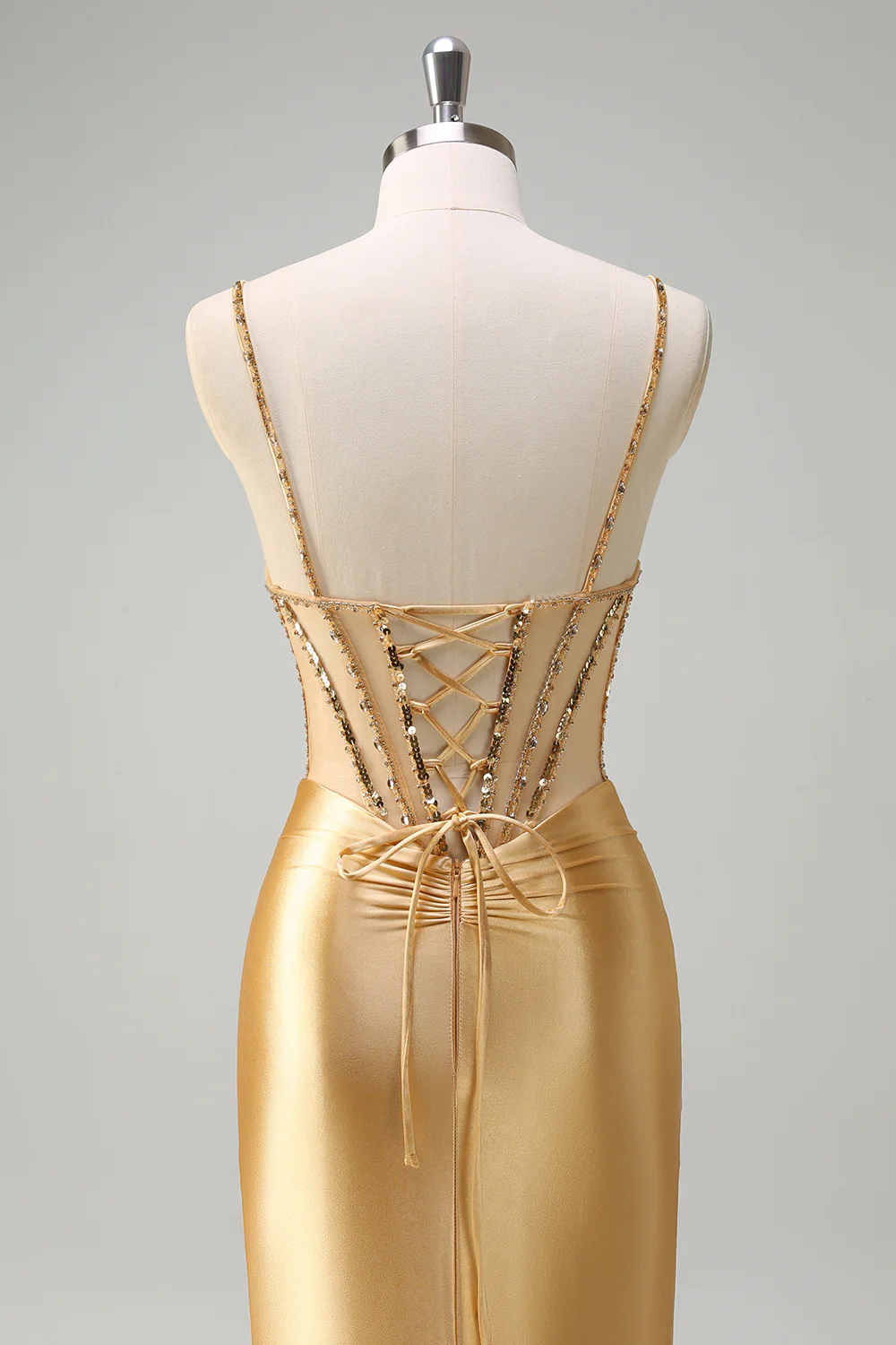 Golden Mermaid Sequined Spaghetti Straps Long Prom Dress with Slit - VNBITS