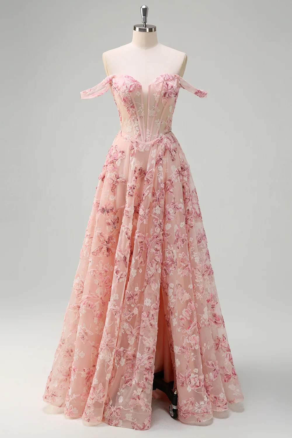 Pink Floral A-Line Off The Shoulder Long Prom Dress with Slit - VNBITS