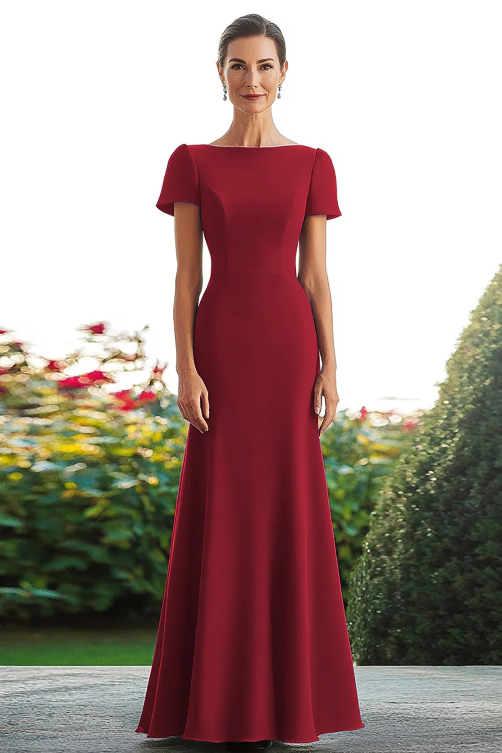 Satin Royal Blue Sheath Long Mother of the Bride Dress with Short Sleeves - VNBITS