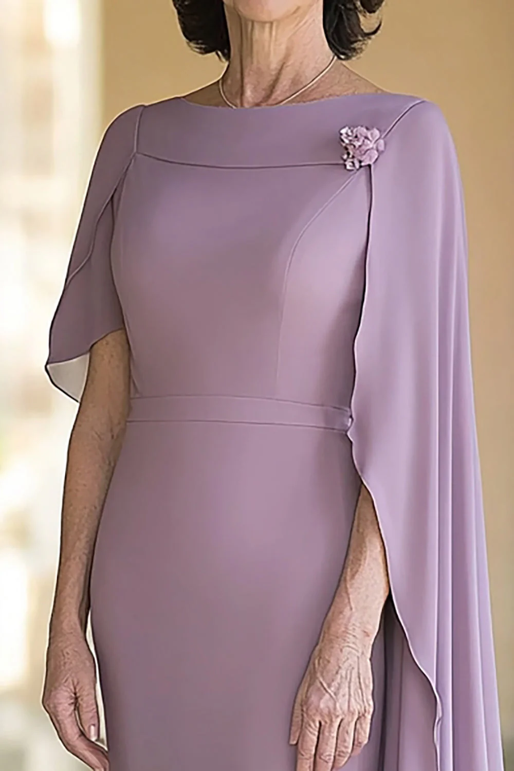Lilac Long Sheath Chiffon Mother of the Bride Dress with Cape Sleeves - VNBITS